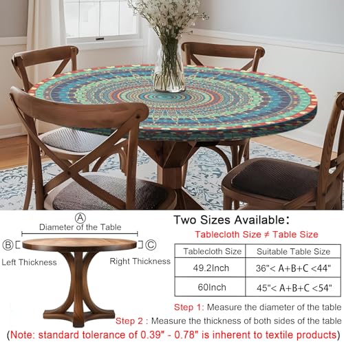 Waterproof Boho Vinyl Round Tablecloth Fitted Table Cloth Summer Fall Outdoor Circle Cover for 45-54" Tables Dining Kitchen Apartment Essentials Picnic Camping Party Decor Housewarming Gifts