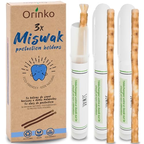 orinko Siwak x3 con 3 estuches de protección - cepillo de dientes 100% natural - limpiador, desinfectante y blanqueador - ecológico, biodegradable y vegano - ebook offert