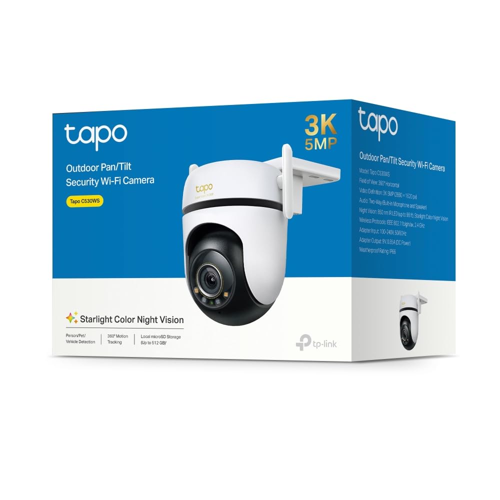 Tapo C530WS - Cámara Seguridad Exterior 360° 3K 5MP, Visión Nocturna Color, Resistencia IP66, Alarma Sonora/Luz, Detección AI, Almacenamiento Nube/SD 512GB, Audio Bidireccional (Paquete de 2)