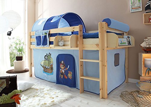 Hochbett Spielbett Malte Kiefer massiv Natur, Vorhangstoff:Pirat Hellblau Dunkelblau