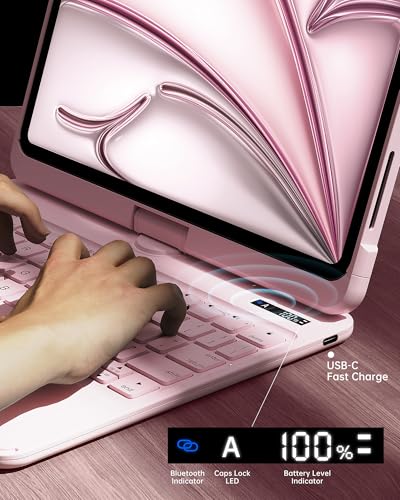 Image of Intermerge for iPad Air 11 inch Case with Keyboard Transparent(M4 /M3 /M2, 2026 /2025 /2024) & Air 5 /4 Gen, 360 Rotating Multi-Touch Trackpad, 7-Color Backlit Keyboard, Pencil Holder - Pink