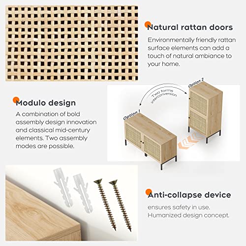 Xiao Wei Storage Cabinet With 2 Handmade Natural Rattan Doors, Mid Century Rattan Organizer With 2 Types Of Assembly Methods And Adjustable Shelf For Living Room, Hallway, Entryway, Natural Color #TOP2