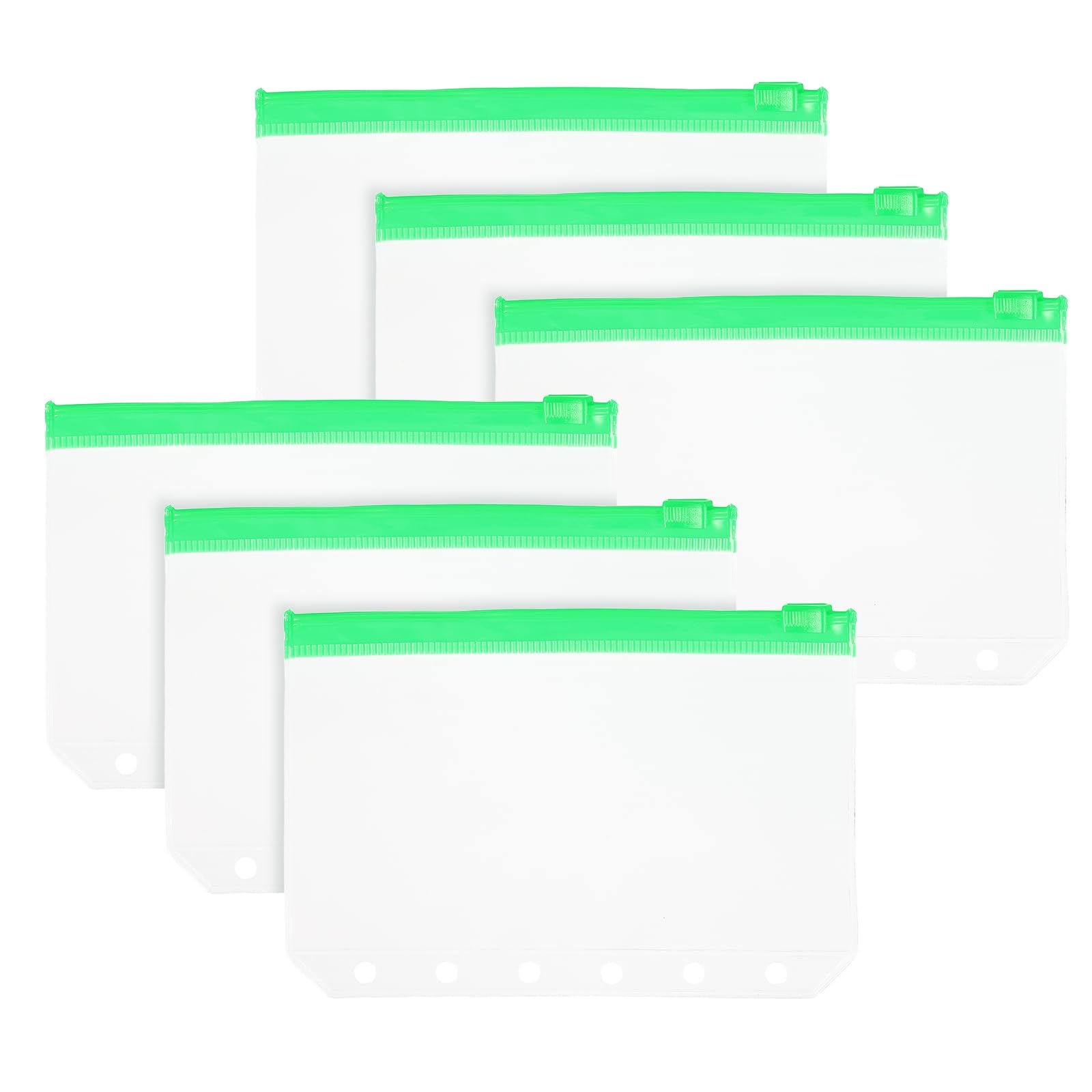 PATIKIL A7 Binder Pocket, 6 Pack 6 Holes Zipper Binder Pouch Budget Stuffing Envelopes Clear Storage Pocket Waterproof for Budget Planning Loose Leaf Bags, Green Zip/Clear Pouch