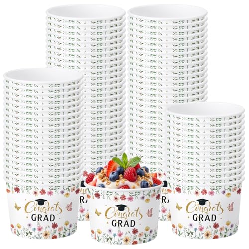 Image of Funnymoom 50 Pack Wildflower Graduation Ice Cream Cups 9 oz Class of 2026 Congrats Grad Disposable Dessert Snack Cups Floral Graduation Paper Soup Bowls for Freshly Graduated 2026 Grad Party Supplies