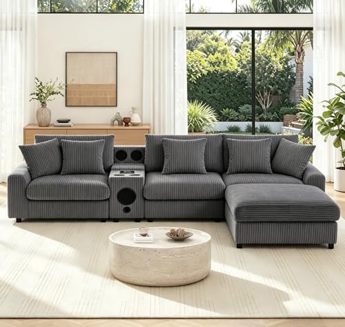 Image of Merax 4 Seater Corduroy Sectional Modular Couch Sofa w /Bluetooth Speakers, L Shaped Deep Seat Cloud Comfy Couches Sofa w /Console, USB Charger, Cup Holders, Storage, Ottoman Chaise for Living Room