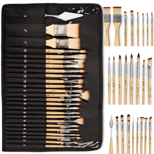 Nicpro 26 Artist Set de Pinceles con Funda, Nylon Profesionales Art Pinceles para Acrilica, Acuarela, Óleo, Ideal para Principiantes y Profesionales