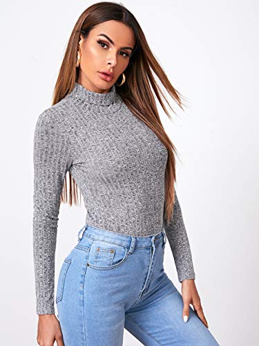 Floerns Women's Solid Leotard Long Sleeve Turtleneck Bodysuit Light Grey Ribbed M