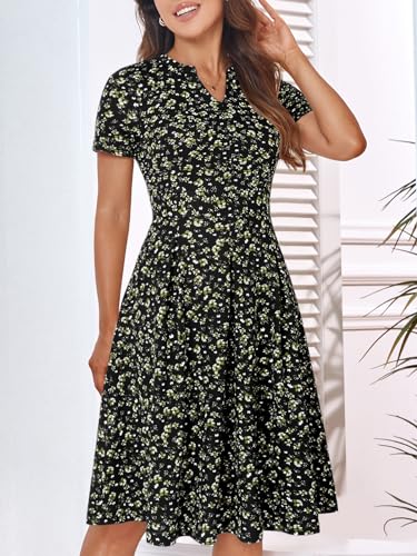 Image of YATHON Womens Elegant Print Notched Neck Slant Pocket Pleated Hem Casual A-Line Dress
