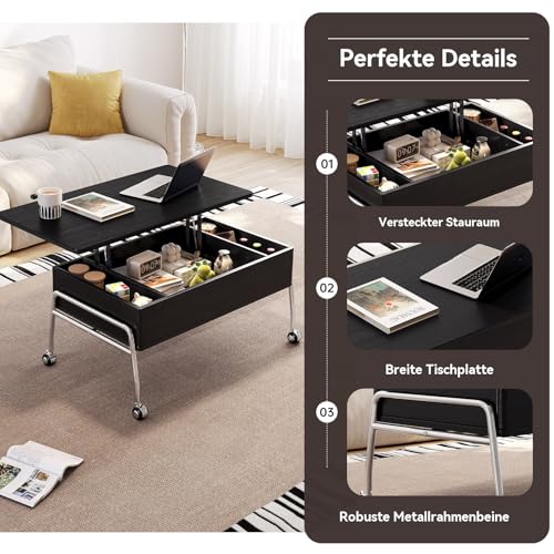 Guyii Couchtisch höhenverstellbar mit Stauraum, multifunktionaler Wohnzimmertisch höhenverstellbar, Lift-Top Couchtisch mit Fächern und Rollen, moderner Tisch für Wohnzimmer – Bild 5