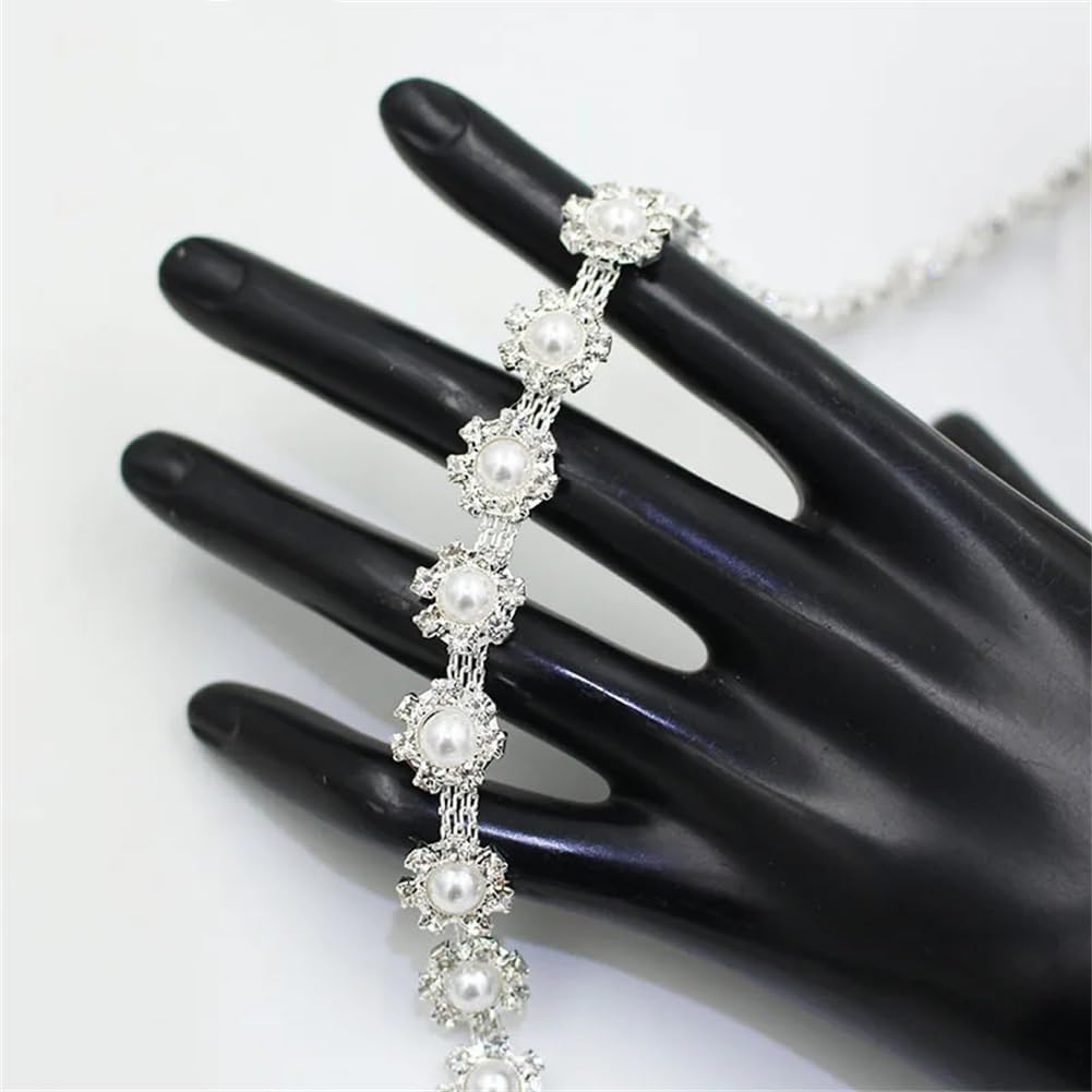 Generic 1/5Yards Pearl Round Drill Silver Metal Crystal Webbing Rhinestone Trim for Clothing Shoes Bag 03 5 Yards