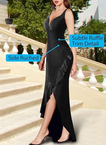 Image of VFSHOW Womens Backless Ruched Ruffle Deep V Neck Formal Prom Wedding Maxi Dress 2023 Spaghetti Strap Sexy Split Evening Gown