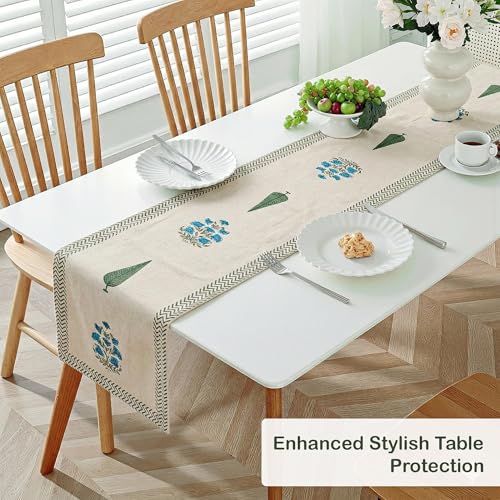 Image of Kuber Industries 13x72 Inch Dining Table Runner for Home Decor | 6 Seater Cotton Table Protecter Use for Kitchen & Buffet Cabinet | Tulips - White & Blue