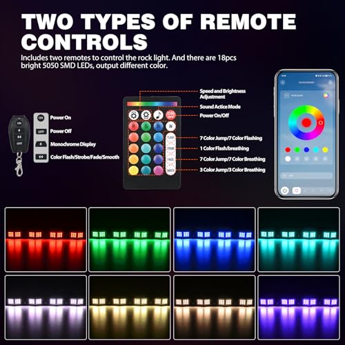 Image of Nilight RGB LED Rock Lights Kit 4 PCS 18LED Wide Angle Wheel Well Light with Remote & Bluetooth App Dual Control Multi Modes Underglow Multicolor Neon Pod for ATV UTV SUV Offroad Truck RZR Boat