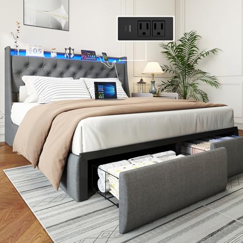 Image of Upholstered Wingback Queen Bed Frame with 2 Storage Drawers and LED Lights | Metal Platform Bed with Storage Headboard and Charging Station, Noise-Free, No Box Spring Needed, Easy Assembly, Gray