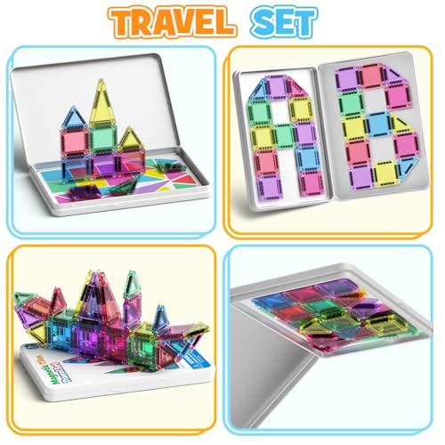 Image of 42PCS Mini Magnetic Tiles Travel Set with Iron Storage Box - Portable STEM Building Blocks for Kids 3-8, Montessori Educational Magnet Toys for Airplane, Car Rides & On-The-Go Play