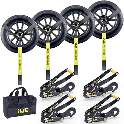 KJE 4 Pack Car Tie Down Straps for Trailers - Lasso Style Tire Ratchet Strap with Snap Hooks - 2 x 10 10 000LBS Break Strength - Wheel Straps for Hauling UTV SUV Truck Any Cars
