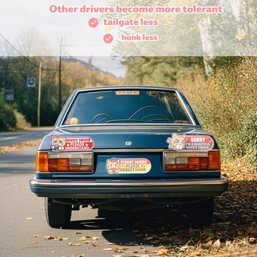 Image of 3pcs Student Driver Magnet for Car, 9.84x3.54in Funny Pink Reflective Novice Driver Magnetic Bumper Stickers Cute Cat Safety Awareness Sign for Rookies Weather Resistant & Detachable