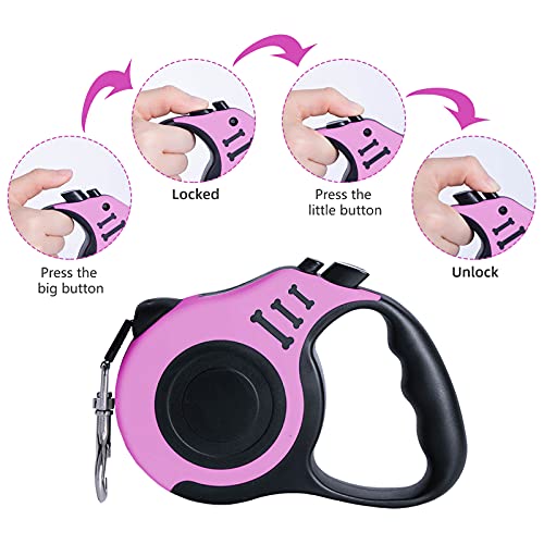 Dunhuang Retractable Dog Leash For X-Small/Small/Medium, 10Ft (For Dogs Up To 22Lbs), With 1 Free Portable Silicone Dog Bowl + 1 Waste Bag Dispenser + 3 Waste Bag (Pink) #TOP2