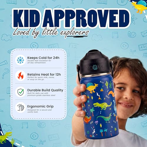 Image of Rioware Kids Insulated Stainless Steel Water Bottle 350ml | Double Wall Vacuum | 24 Hrs Cold & 12 Hrs Hot | Leakproof Flip Top with Straw | BPA-Free | School Bottle with Carry Loop (350 Ml, Blue)