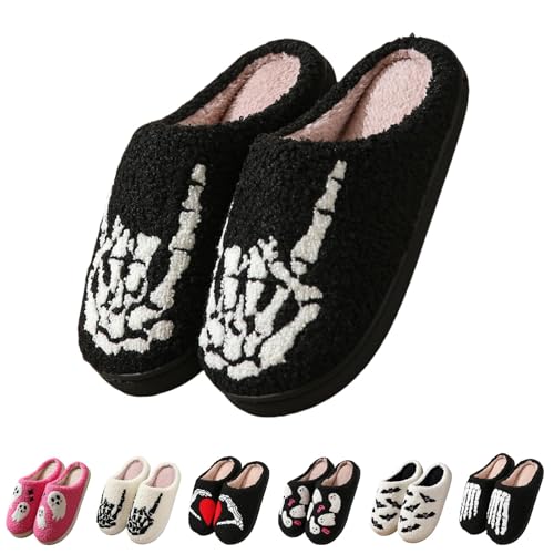 Halloween Slippers for Women Men Plush Fuzzy Slipper Foam Fur Lined Flip-Flops Holiday Indoor House Home Winter Warm Shoes Spooky Ghost Bats Smile Face Flip-Flops