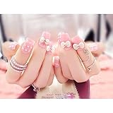 Dongcrystal 24Pcs 3D Bling Nail Art Jewelry Glitter Rhinestone Flower Decor Nail Tips Pink Bowknot Fake Nails
