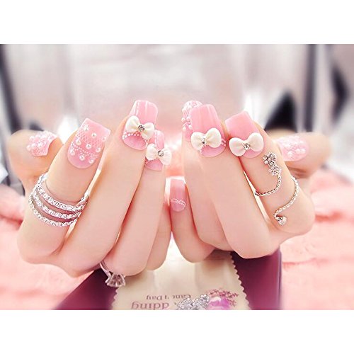 Dongcrystal 24Pcs 3D Bling Nail Art Jewelry Glitter Rhinestone Flower Decor Nail Tips Pink Bowknot Fake Nails