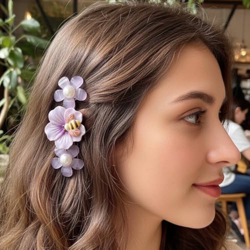 Image of Alvero Premium Acrylic Flower Hair Pin with Bee Design, Floral Designer Hair Clips for Women & Girls, Lightweight, Strong Grip Side Pin, Decorative Hair Accessory for Wedding & Party (Pack of 2 Piece, Blue)