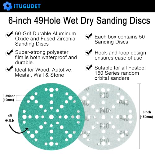 Image of 6 Inch 49 Hole Wet Dry P40 Grit Sanding Discs - 40 Pack Box | Fits Festool ETS / RO 150 Sanders, Zirconia Heavy-Duty Hook & Loop Film Sandpaper for Wood, Auto, Metal, Paint, Body & More
