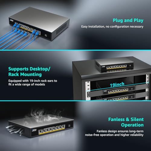 Image of 8 Ports 5Gb Unmanaged Ethernet Switch with 8*5G Base-T Ports. GiGaPlus 5Gbps Network Switch for 5Gbe NAS /PC, 5Gbps Adapter /NIC, WiFi7 Router, Desktop /19-inch Rack Mount
