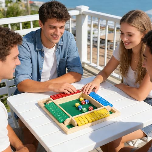 Hamwesh Shut The Box Game, 4 Vibrant Colors Wooden Board Desktop Math Game for 2-4 Players Family Travel Gathering, Portable Fun Math Learning Toy with 8 Dices for Group Kids Adults - Image 4