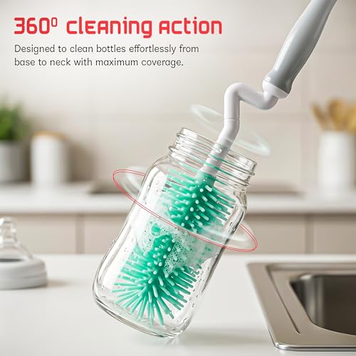 Image of Baybee 2Pc Combo Silicone Bottle Cleaning Brush | BPA-Free 360 Rotatable Silicone Bristles for Nipple, Straw, Vase, Glass & Feeding Bottle Cleaner Set | Anti Slip Handle, Easy to Clean Corner (Green)