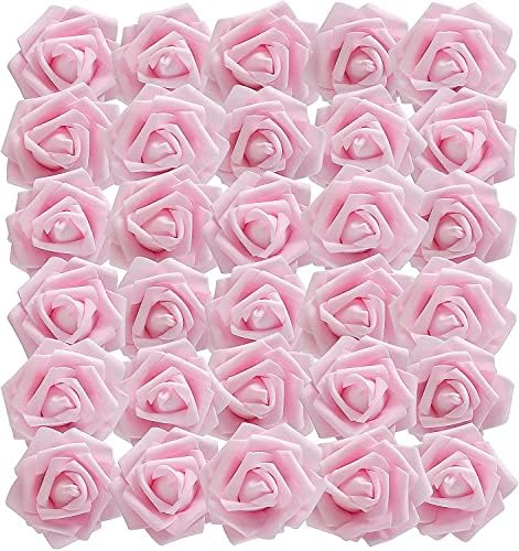XunHe 50Pcs Artificial Flowers, Real Touch Foam Artificial Roses, 7cm Fake Pink Roses for DIY Bouquets, Wedding Party, Bridesmaid, Baby Shower, Valentine's Day, Centerpieces (Baby Pink)