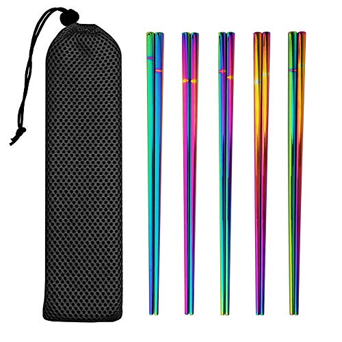 5 Pairs Rainbow Chopsticks Set with Bag Heavyweight Metal Chopsticks Reusable Premium 304 Stainless Steel Chopsticks Set 905inch Long Dishwasher Safe