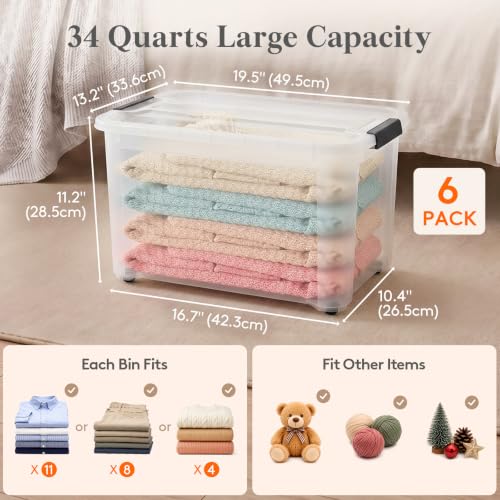 Image of Lifewit 34Qt Storage Bins with Lids, Plastic Large Latches Boxes with Wheels, Clear Totes Tubs Container for Closet Organizers and Storage, Bedroom, Clothes, Craft, 6 Pcs