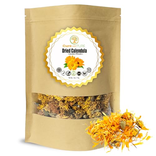 Cure Wid Pure Certified Organic Calendula Flowers (Pot Marigold) – 4 oz Resealable Pack | Vibrant Color & Aroma | Non-GMO Organic Calendula Flowers for Skincare, DIY Remedies & Tea