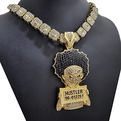 Hip Hop Jewelry Gold plated Large HUEY HUSTLER Charm Pendant & 12mm 16" 18" 20" Iced Baguette Chain Necklace2