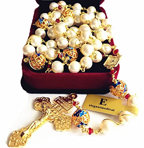elegantmedical HANDMADE plated gold Wire Wraped Bead AAA White 10mm Pearl Rosary Cross NECKLACE BOX2