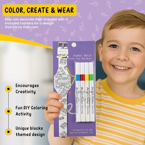 Color-Your-Own Analog Watch for Kids with Adjustable Straps | Creative Kids DIY Bracelet with 4 Non-Toxic Markers | Giftable Watch for Girls & Boys | Adjustable, Fun and Educational (BLOCKS)2