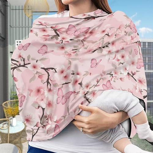Image of Butterfly Nursing Cover Cherry Blossom Carseat Covers Baby Car Seat Cover for Girls,Stretchy Car Seat Canopy Multiuse Nursing Covers, Pink