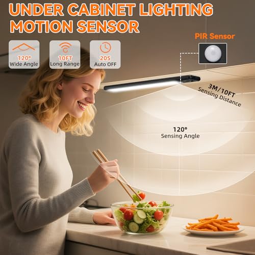 Image of Under Cabinet Lighting Wireless, 15inch Rechargeable Motion Sensor Light Indoor, 3 Color Closet Light Battery Operated with LED Power Display, Magnetic Under Counter Lights for Kitchen (3Pack-Black)