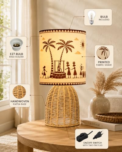 Image of Homesake Handwoven Rattan Table Lamp with Warli Art Fabric Shade, Decorative Raffia Cane Bedside Lamp for Bedroom, Boho Table Lamp for Living Room, E27 Holder, Warm Ambient Home Decor Lighting