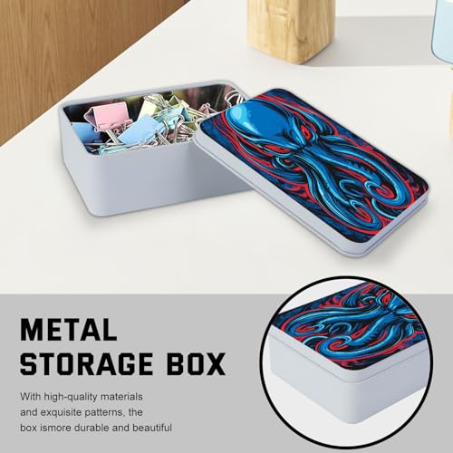 Image of Metal Tin Box with Lid,Multi-functional Storage Large Box Can Store Tea Biscuits Game Cards, Playing & Tarot Cards-Comes with 4 Magnetic Cord Clips,Blue Cthulhu Skull