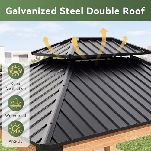 Image of Aoxun 10' x 12' Patio Wood Gazebo Cedar Wood, Natural | Patio Hardtop Gazebo Permanent Wooden Pavilion with Galvanized Steel Double Roof, for Backyard, Garden, Deck