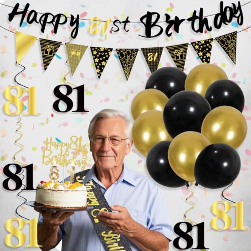 Image of 81st Birthday Decorations for Men, Black Gold 81st Party Decoration Kits