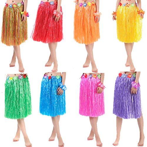 Hawaian Hula Grass Skirt and Flower Leis Costume Set for Ladies Luau Fancy Dress Costume (Green Short (40 cm))