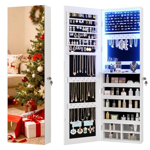 Vlsrka 47.2' LED Jewelry Mirror Cabinet, Wall/Door Mounted Jewelry Armoire Organizer with Full...