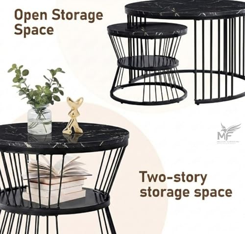 Image of MELVON Lightweight Nesting Coffee Table Set of 2, Full Black Metal Frame with Black Marble Look Top, Round Center & Side Tables for Living Room
