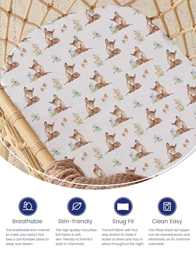 Image of TotAha Premium Soft Bassinet Sheet for Boy Girl, Super Stretchy Jersey Knit Bassinet Fitted Sheet, Compatible with Halo, Maxi COSI, Mika Micky, SNOO, Baby Delight Mattress, Forest Bear & Cute Deer
