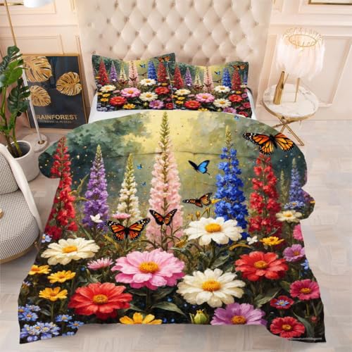 ZZXHG Edredón Matrimonio Estampado 3D | Flores de Colores, Nórdico Reversible de 4 Estaciones, Lavable, Incluye 2 Fundas de Almohada 50x75 cm, para Cama de 105 cm