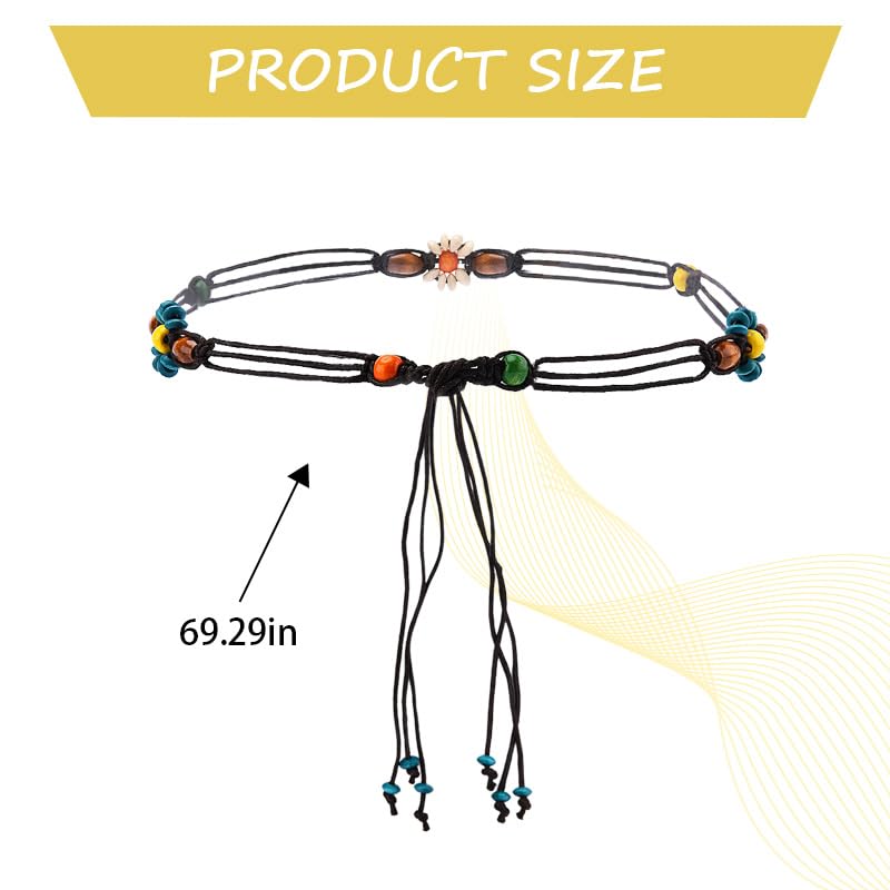 Boho Colorful Floral Beaded Belt for Women Adjustable Handwoven Bohemian Flower Belt with Beaded Tassel Woven Braided Western Rope Belts for Summer Beach Weddings Wear Boho Outfit Accessory​3